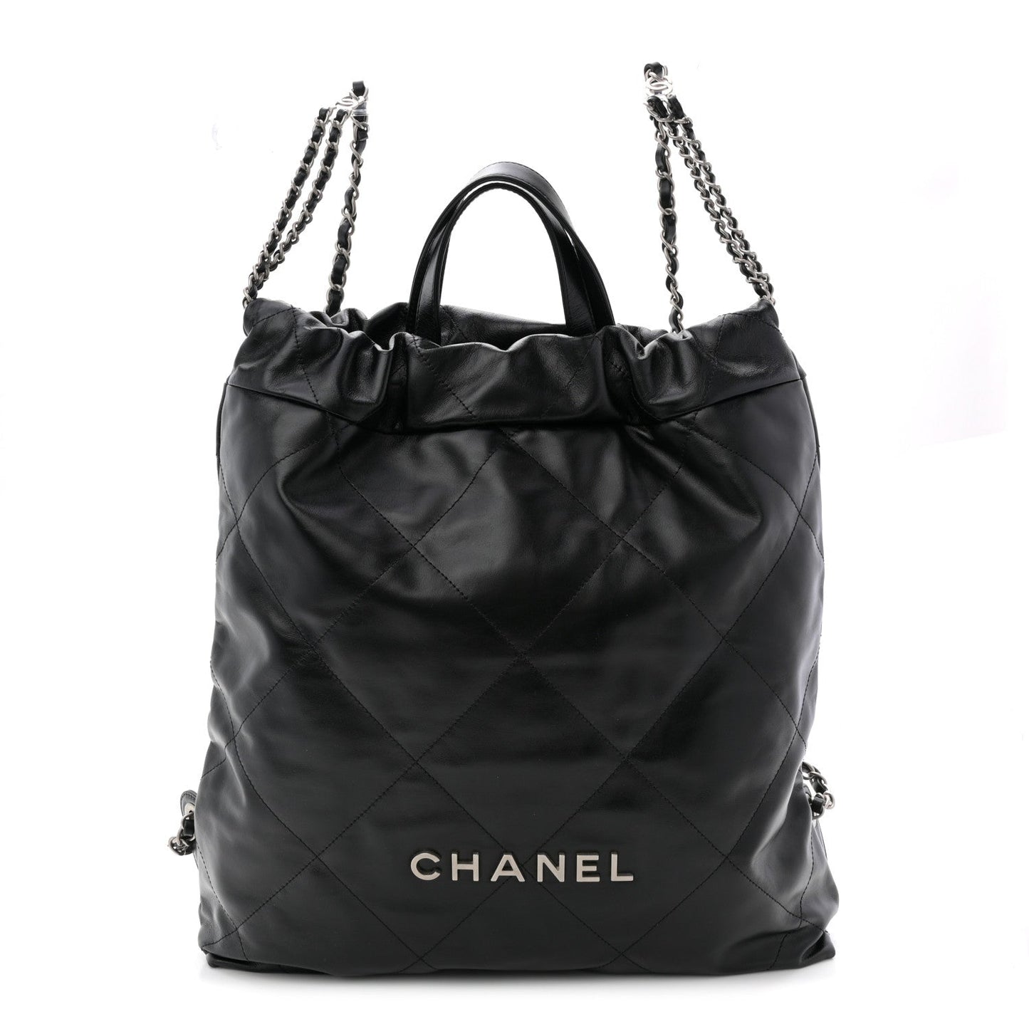 Shiny Calfskin Quilted Chanel 22 Backpack Black