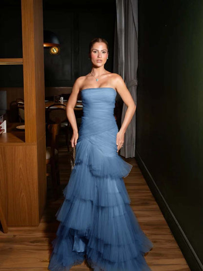 Stunning Straight Across Sleeveless Pleated Tulle Mermaid Evening Dress