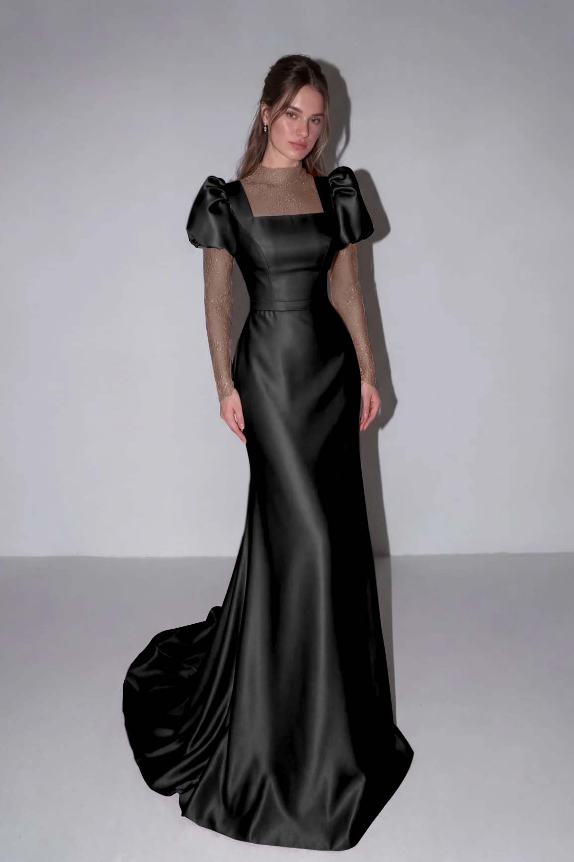 Lilac High Neck Mermaid Prom Dress Long Sleeves in Satin with Lace