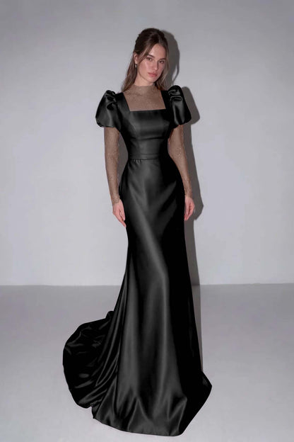 Lilac High Neck Mermaid Prom Dress Long Sleeves in Satin with Lace
