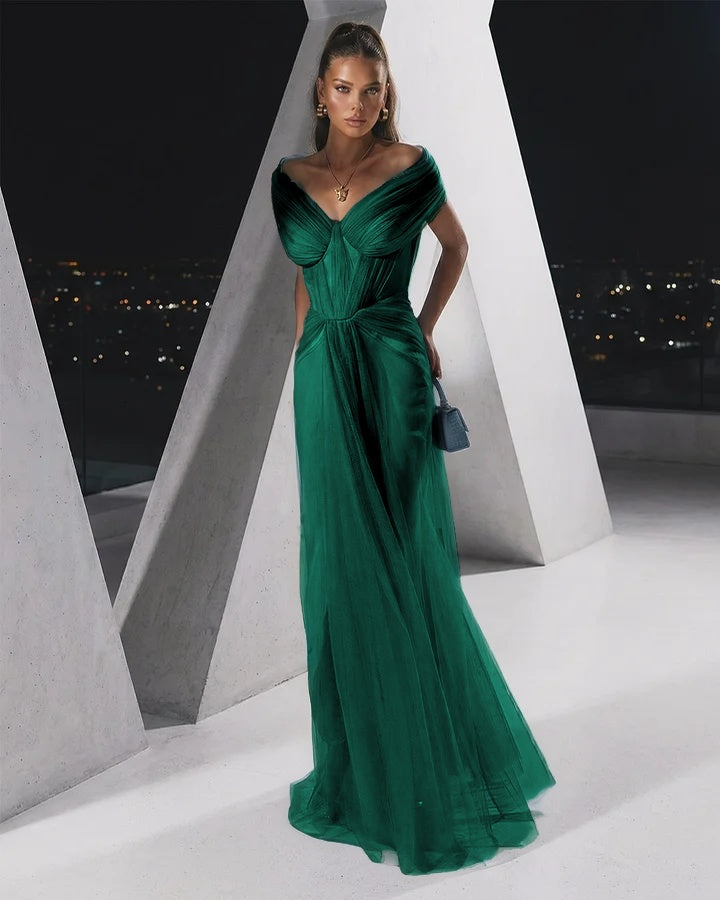 Flowing Dusty Blue Off-The-Shoulder Pleated Long Tulle Evening Dress