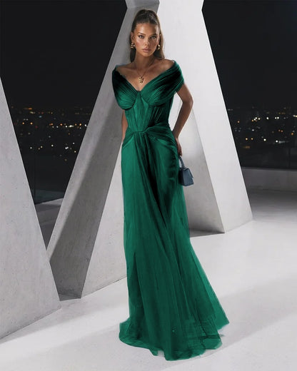 Flowing Dusty Blue Off-The-Shoulder Pleated Long Tulle Evening Dress