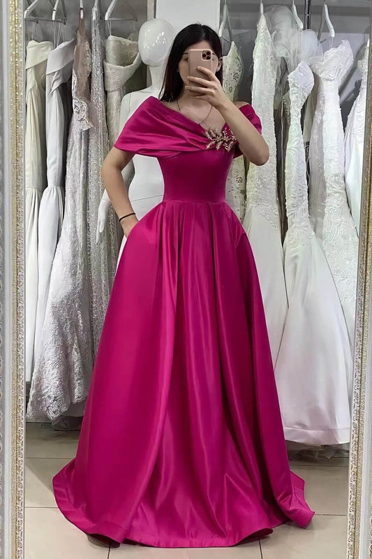 Gorgeous Off-The-Shoulder Mermaid A-Line Prom Dress With Beadings Online Fuchsia