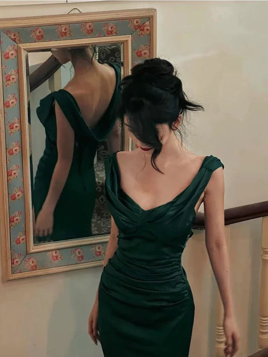 Charming Sheath Strap Green Satin Prom Dress Graduation Prom Dress SH2620
