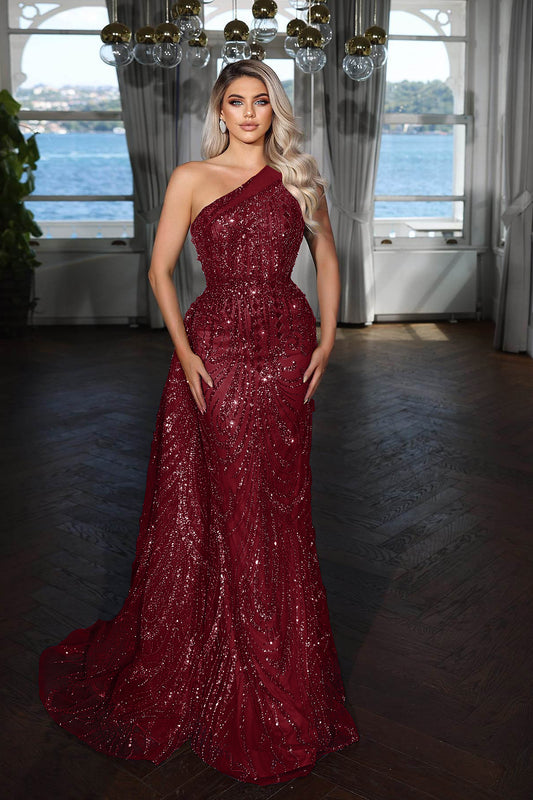 Charming Burgundy One Shoulder Sleeveless Long Mermaid Prom Dress with Beadings