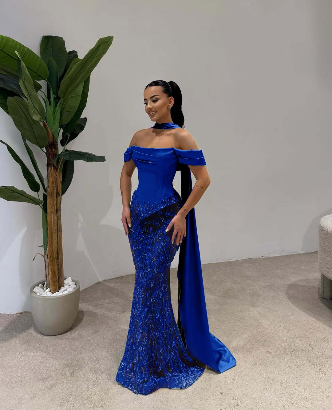 Off Shoulder Beads Mermaid Square Prom Dress With Scarf