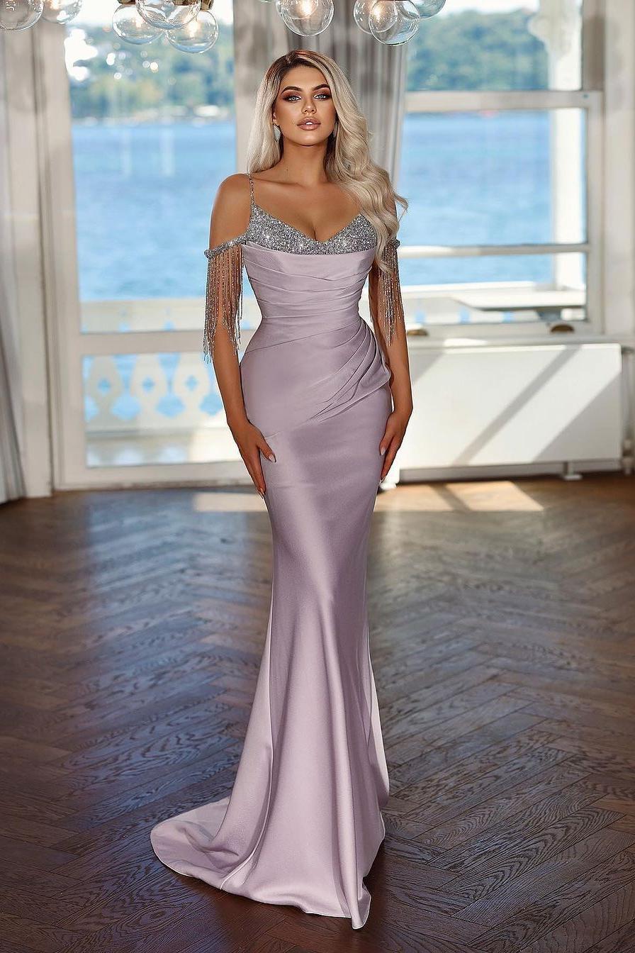 Glamorous Lilac Satin Off the Shoulder Spaghtti Strap Mermaid Prom Dress with Beadings