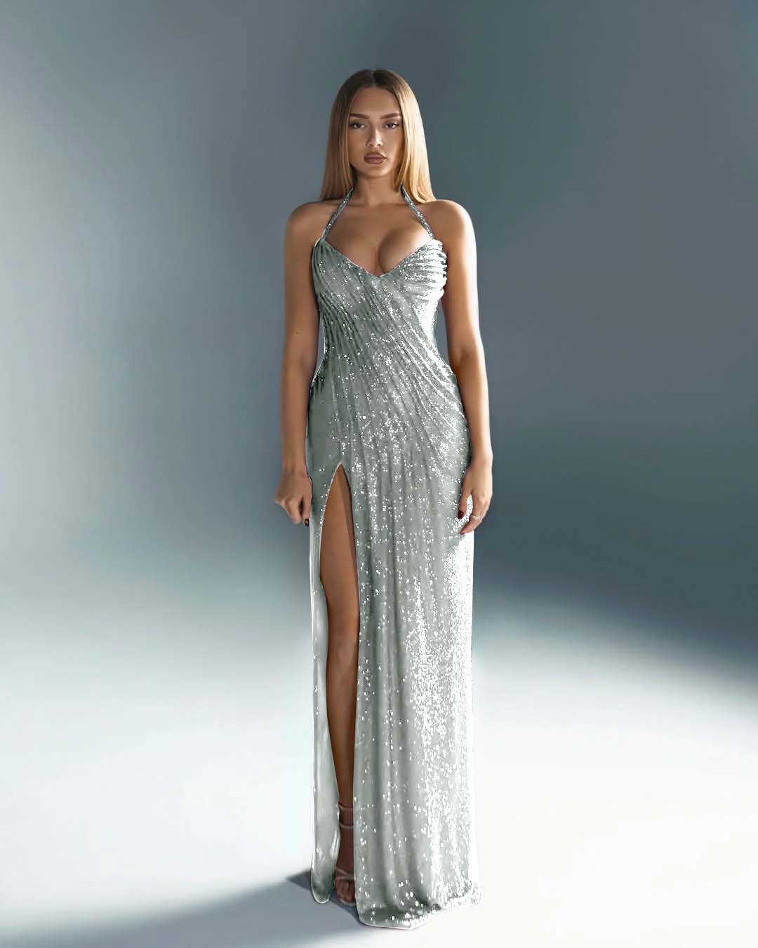 Sleeveless Halter Straps V-Neck Slit Prom Dress With Sequin