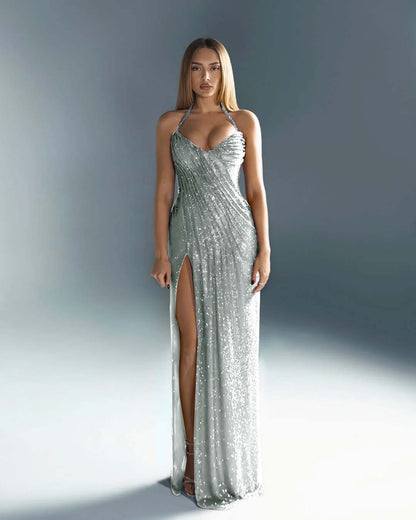 Sleeveless Halter Straps V-Neck Slit Prom Dress With Sequin