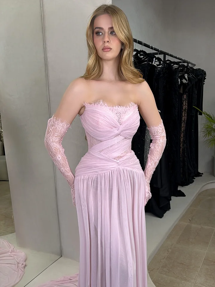 Lilac Strapless Fitted Evening Dress in Chiffon Pleated With Lace
