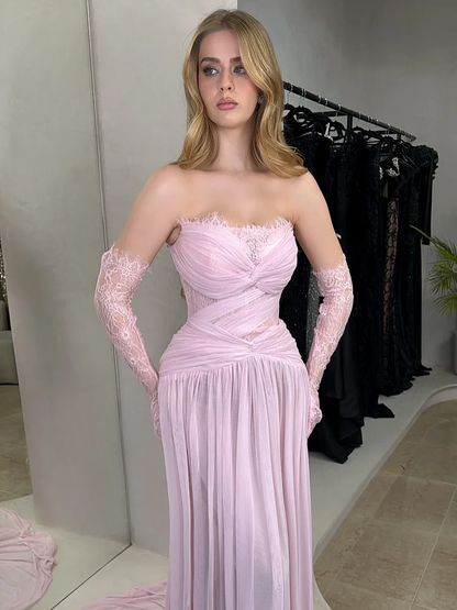 Lilac Strapless Fitted Evening Dress in Chiffon Pleated With Lace