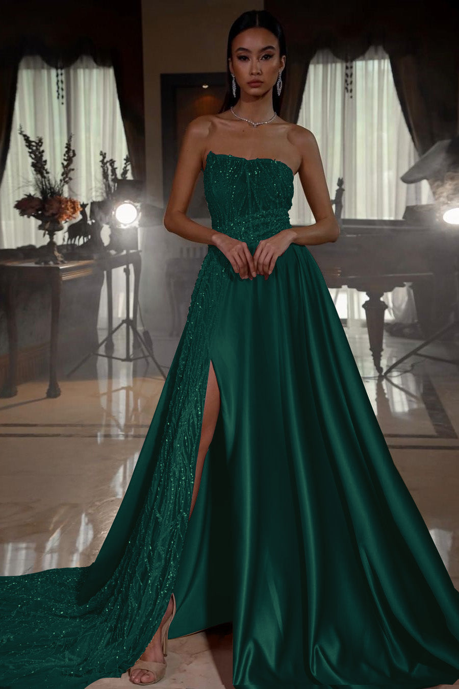 Pink Strapless A-Line Sleeveless Sequins Prom Dress With Split