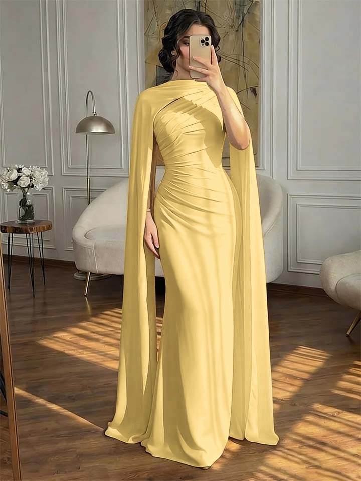 Fashionable Dark Navy Asymmetric Sleeveless Pleated Prom Dress With Scarf