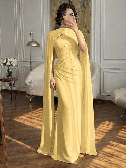 Fashionable Dark Navy Asymmetric Sleeveless Pleated Prom Dress With Scarf