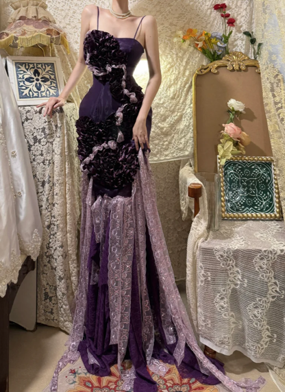 Glamorous Purple Spaghetti Straps Satin Lace Pleated Mermaid Long Party Dress Formal Birthday Prom Dress Evening Gown D2054
