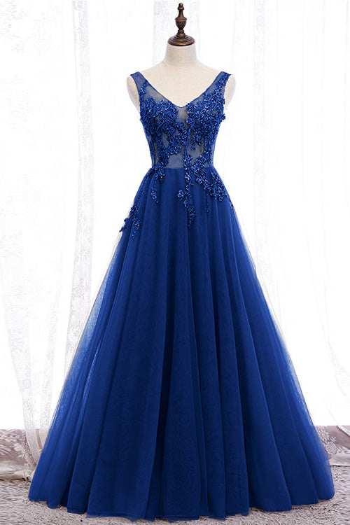 Purple Applique Long A-line Prom Dress With V-Neck Open Back