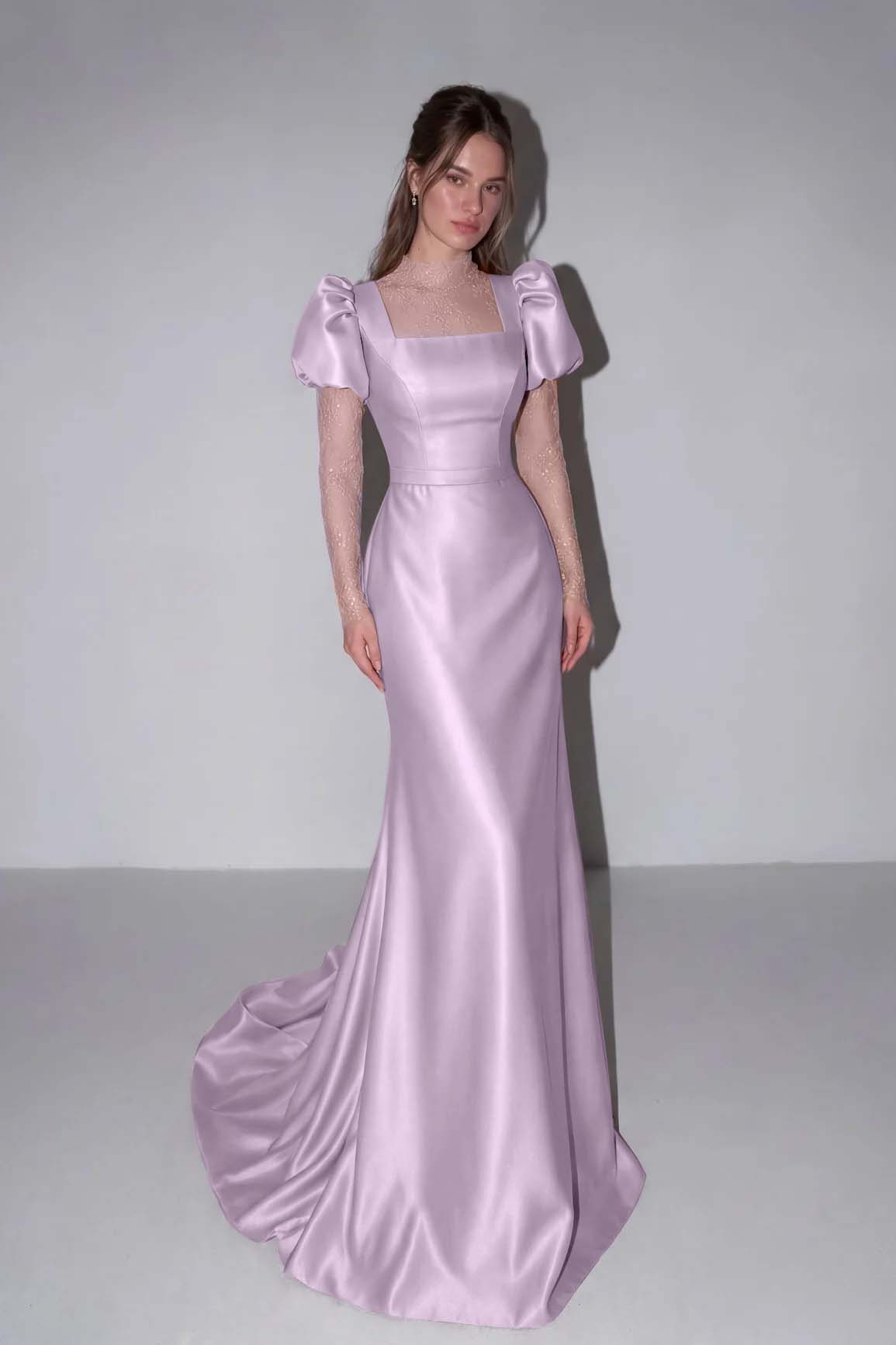 Lilac High Neck Mermaid Prom Dress Long Sleeves in Satin with Lace