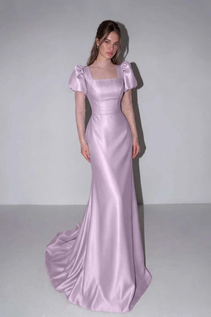 Lilac High Neck Mermaid Prom Dress Long Sleeves in Satin with Lace