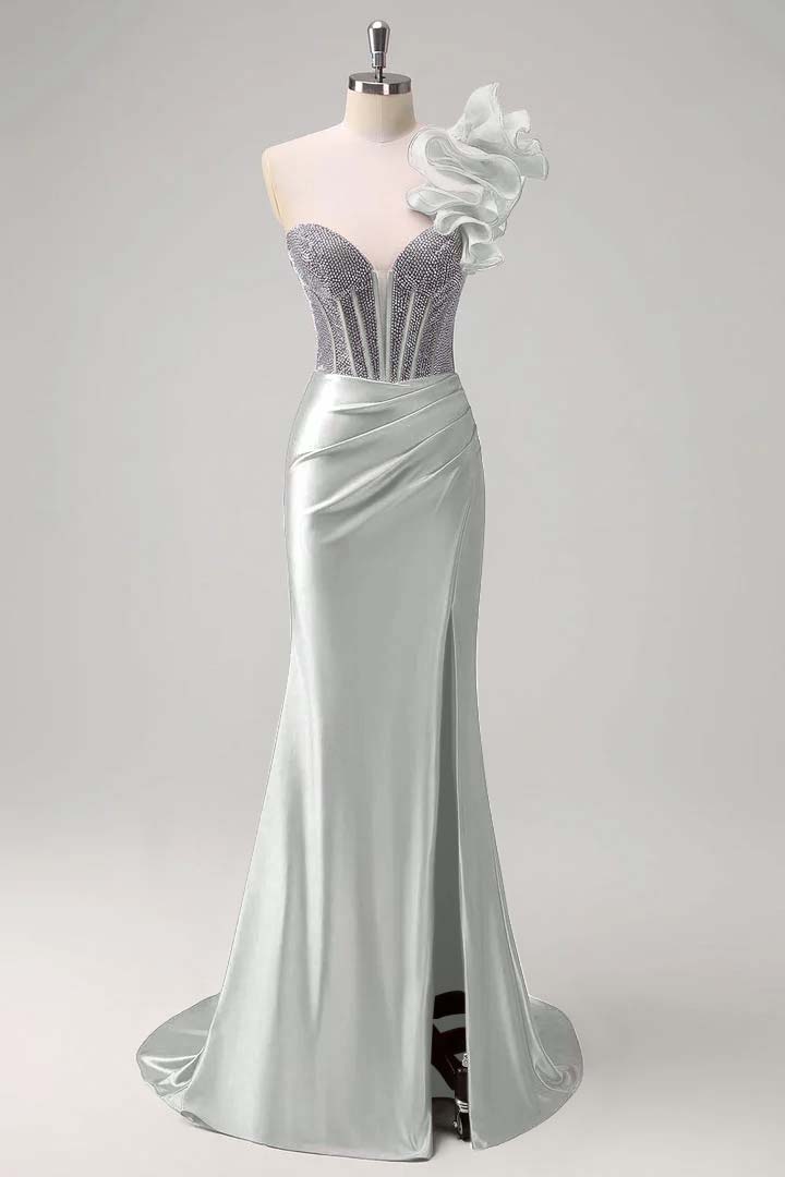 Strapless Handmade Flower Backless Mermaid Slit Prom Dress With Beading
