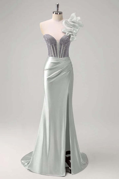 Strapless Handmade Flower Backless Mermaid Slit Prom Dress With Beading
