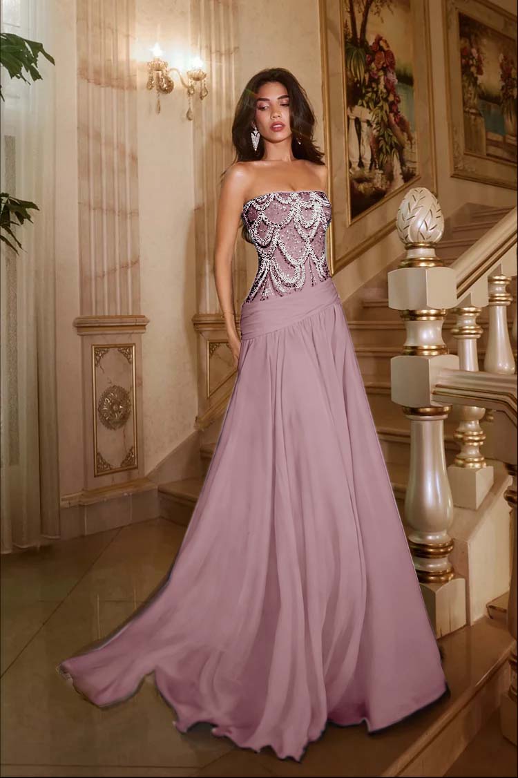 Exquisite DarkNavy Chiffon Sleeveless Strapless Evening Dress with Sequins