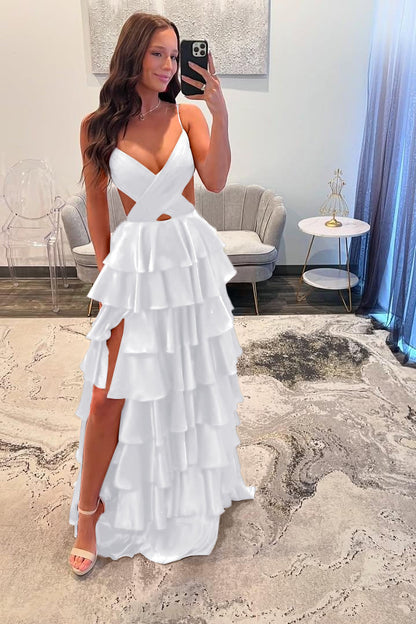 Stunning Red Spaghtti Strap V Neck Sleeveless Split Prom Dress with Ruffles