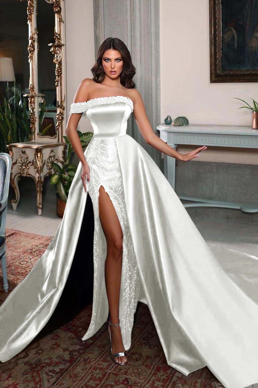 Charming Burgundy Satin One Shoulder Sleeveless Split Long Prom Dress with Beadings