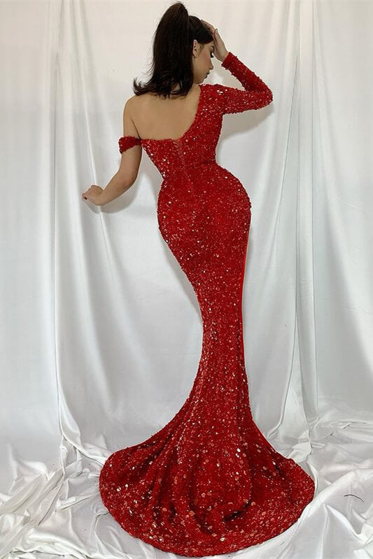 Sequins Mermaid Red One Shoulder Prom Dress With Slit