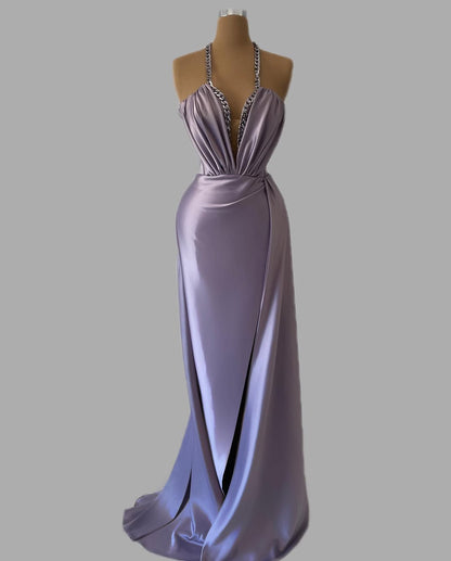 Purple Sleeveless Deep V-Neck Spaghetti Straps Mermaid Prom Dress