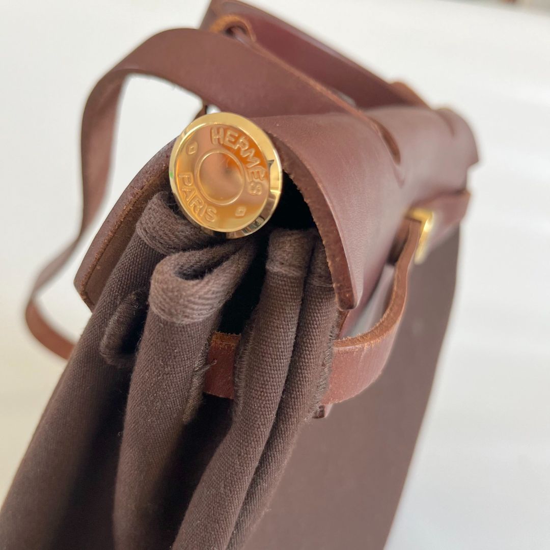 Hermes Chocolate Brown/Beige Toile and Leather Herbag 31 Bag