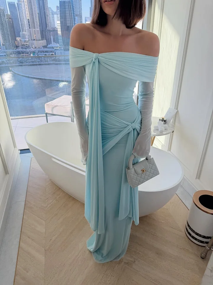 Chic Sky Blue Off-The-Shoulder Long Sleeves Pleated Chiffon Evening Dress