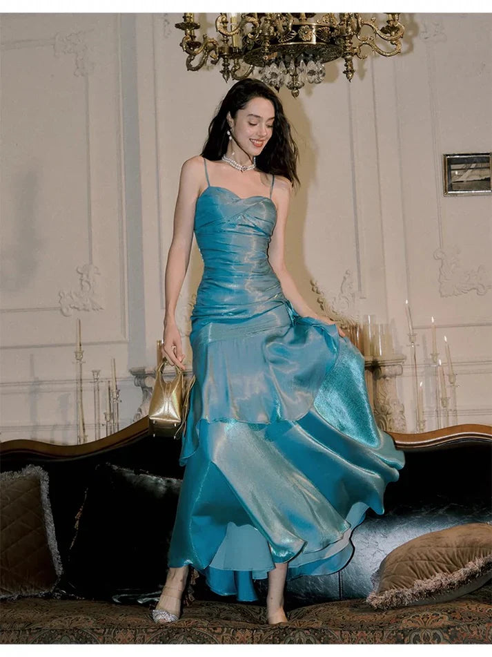 Gentle Mermaid Spaghetti Straps Tiered Pleated Blue Satin Evening Dress Party Dress SH2804