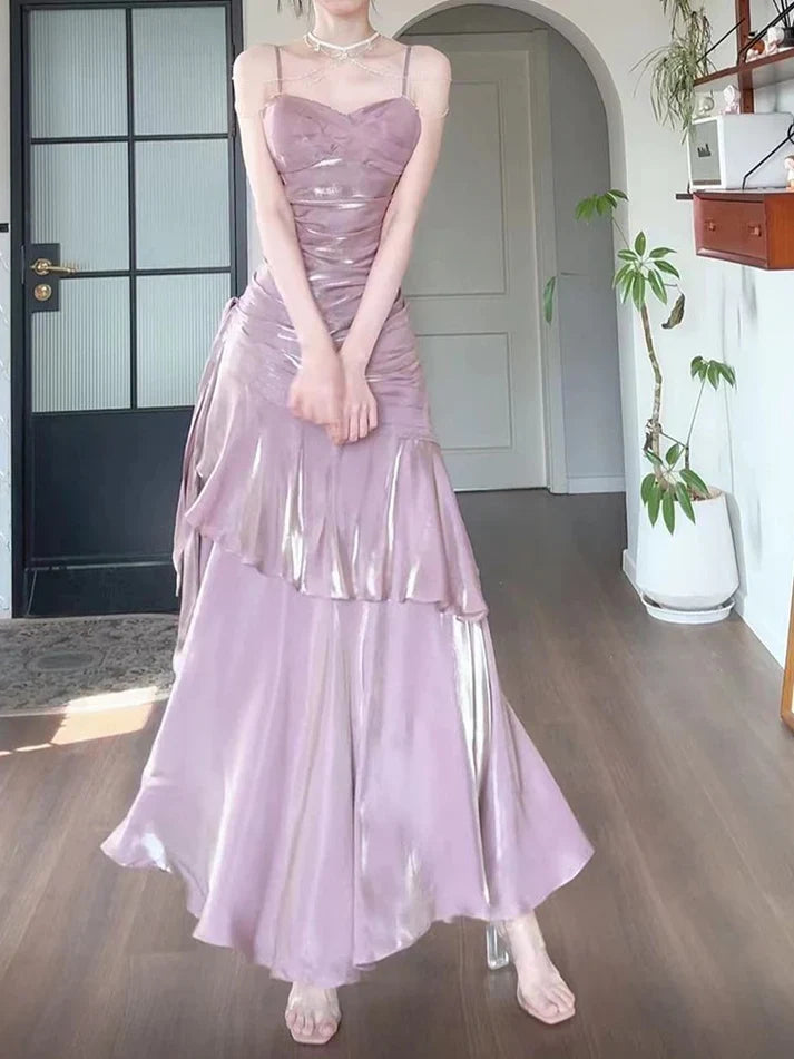 Gentle Mermaid Spaghetti Straps Tiered Pleated Purple Satin Evening Dress Party Dress SH2810