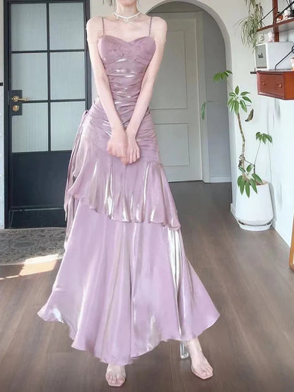 Gentle Mermaid Spaghetti Straps Tiered Pleated Purple Satin Evening Dress Party Dress SH2810