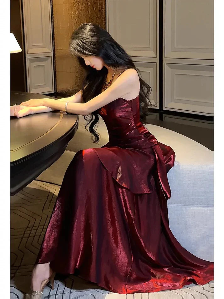 Gentle Mermaid Spaghetti Straps Tiered Pleated Burgundy Satin Evening Dress Party Dress SH2807