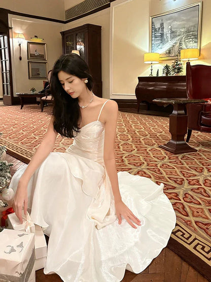 Gentle Mermaid Spaghetti Straps Tiered Pleated Light Champagne Satin Evening Dress Party Dress SH2805