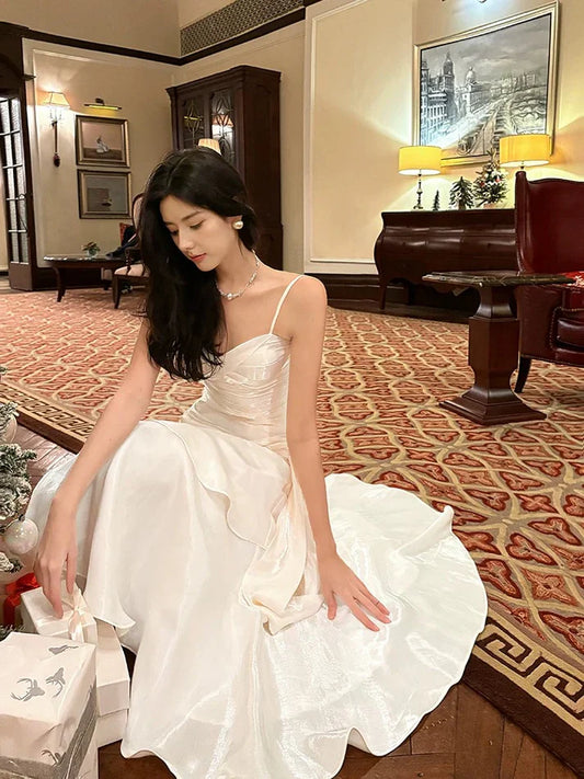 Gentle Mermaid Spaghetti Straps Tiered Pleated Light Champagne Satin Evening Dress Party Dress SH2805