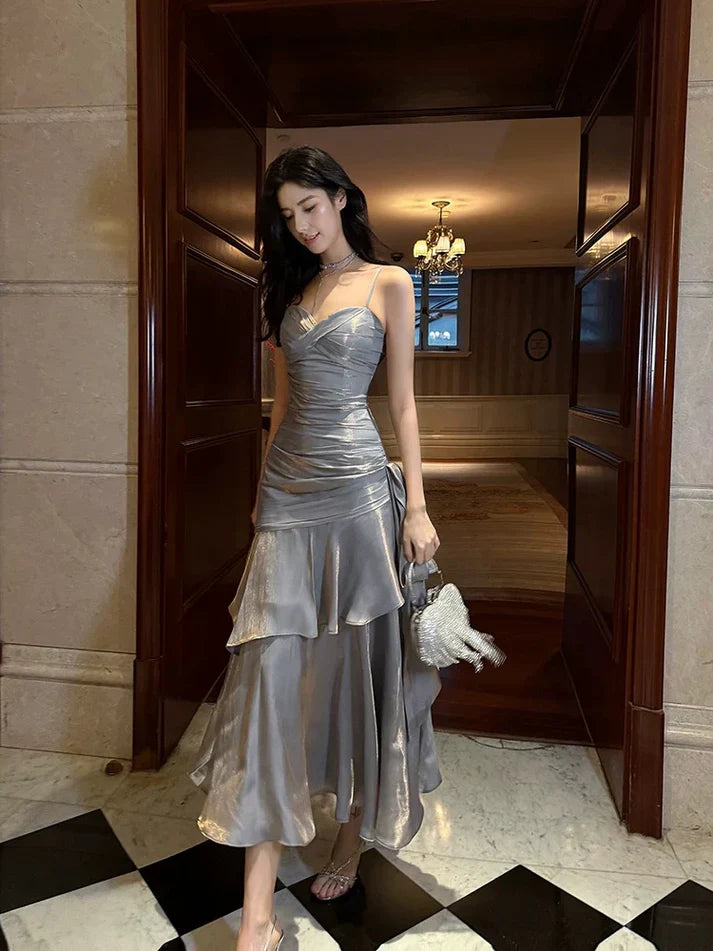Gentle Mermaid Spaghetti Straps Tiered Pleated Gray Satin Evening Dress Party Dress SH2806