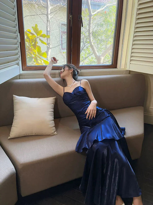 Gentle Mermaid Spaghetti Straps Tiered Pleated Dark Blue Satin Evening Dress Party Dress SH2808