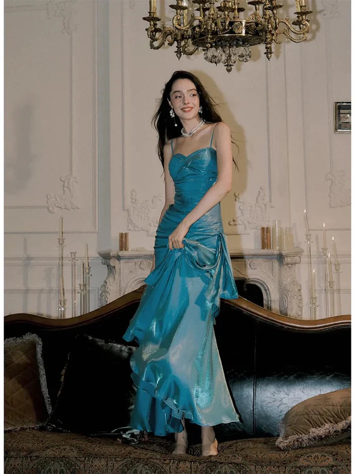 Gentle Mermaid Spaghetti Straps Tiered Pleated Blue Satin Evening Dress Party Dress SH2804
