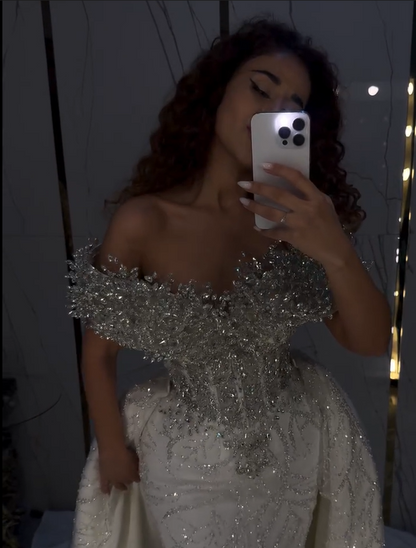 Luxurious Off-Shoulders Sleeveless Strapless Beads Sequins Mermaid Long Prom Dress