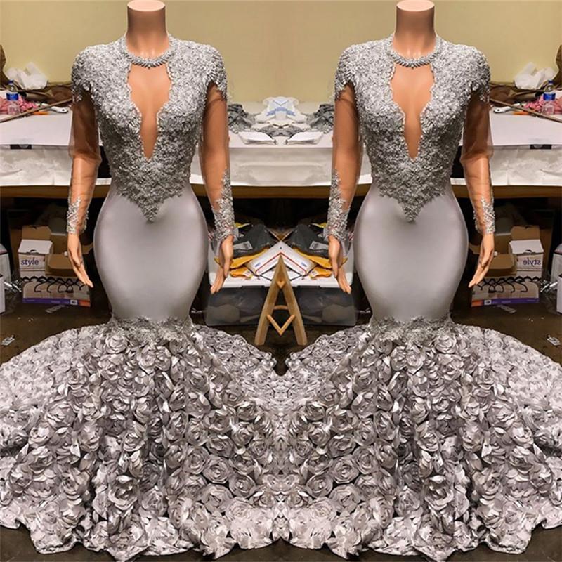Elegant Mermaid V-Neck Prom Dress Appliques Long Sleeves With Flowers Bottom