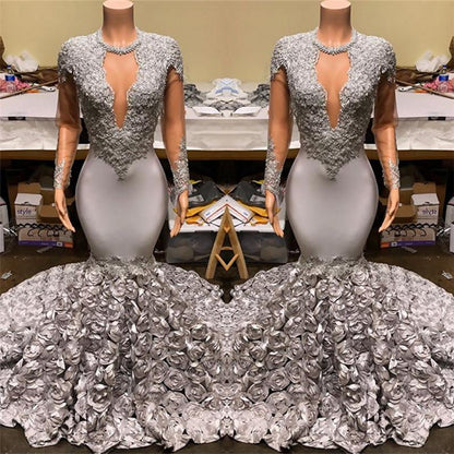 Elegant Mermaid V-Neck Prom Dress Appliques Long Sleeves With Flowers Bottom
