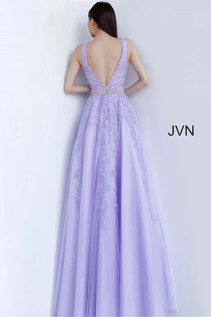 Black V-Neck Sleeveless Prom Dress with Applique Beadings