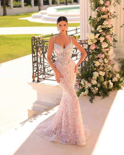 Sleeveless Spaghetti Straps Appliques Beads Mermaid Prom Dress