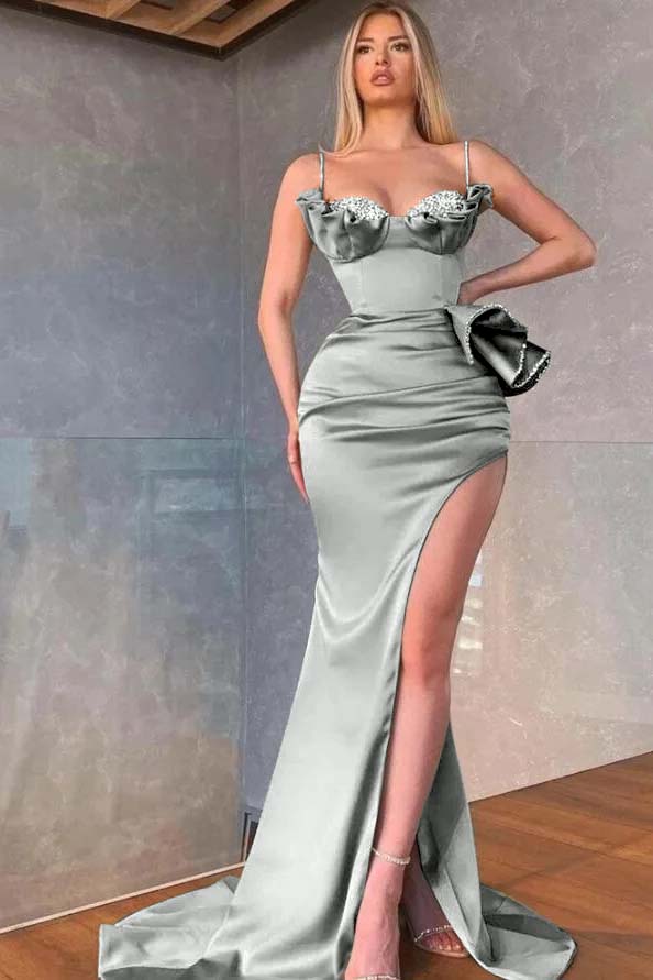 Dusty Sage Spaghetti-Straps Prom Dress Mermaid Split With Beadings Ruffles