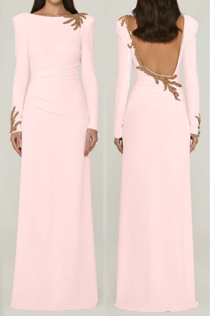 Chic Black Satin Long Sleeves Squre Neck Prom Dress with Rhinestone
