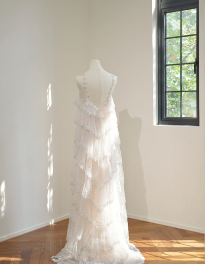 Classy Spaghetti Straps Tulle Sequin Beaded Layered Long Birthday Prom Dress Party Gown D2160