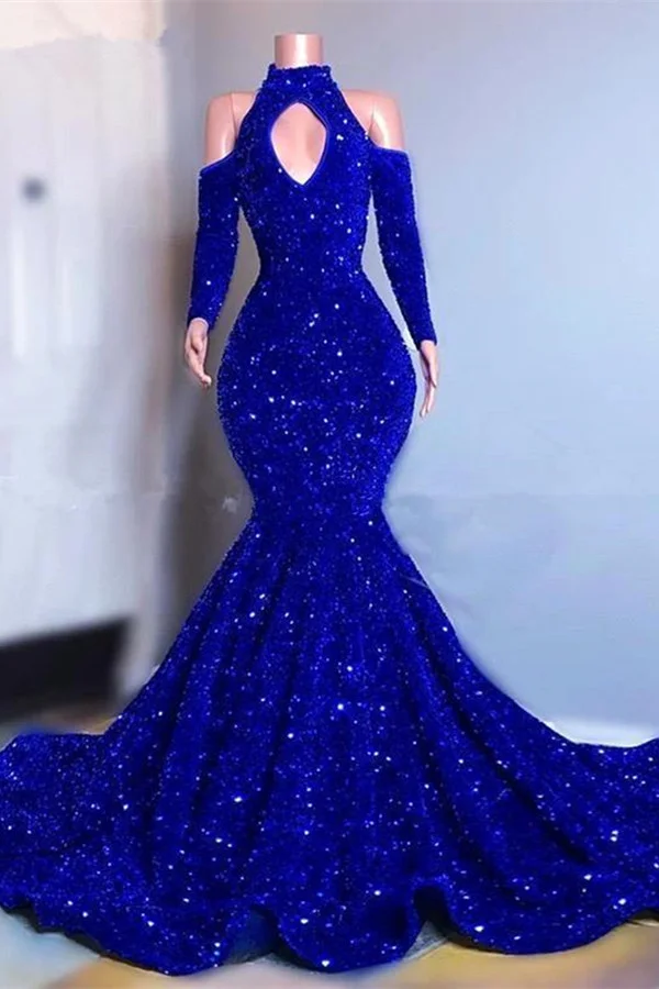 Long Sleeves Royal Blue High Collar Mermaid Long Prom Dress With Sequins