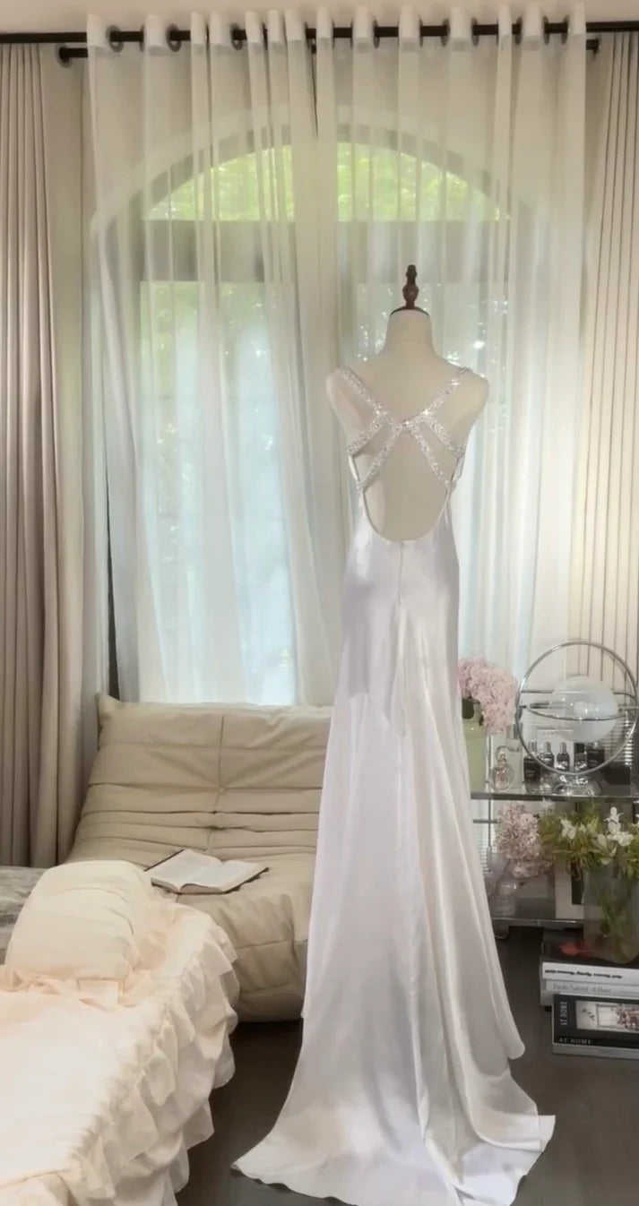 Elegant Mermaid Strap Beaded White Satin Long Prom Dress Graduation Prom Dress SH2526